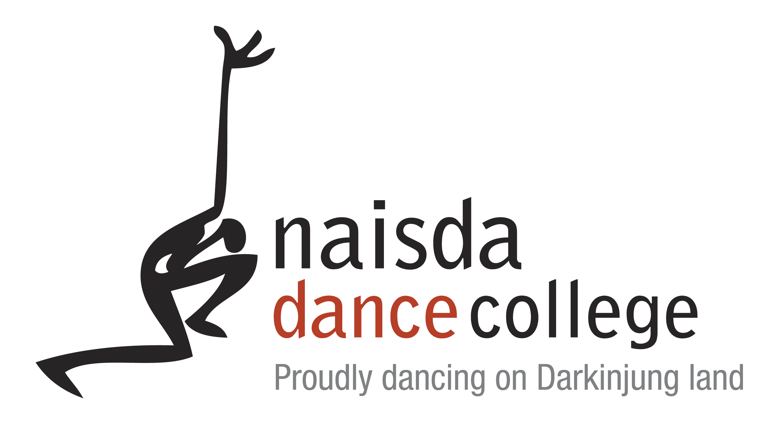 The logo for Naisda Dance College. On the left is a simple black illustration of a body in a dynamic position with one arm stretched upwards. On the right is lettering reading naisda dance college proudly dancing on Darkinjung land