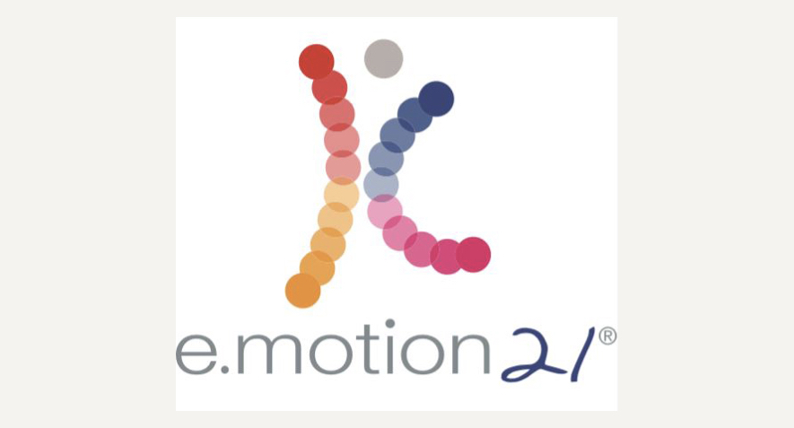The logo for dance company emotion21. Small overlapping multi-coloured circles are arranged in two gentle curves to appear like a body in motion