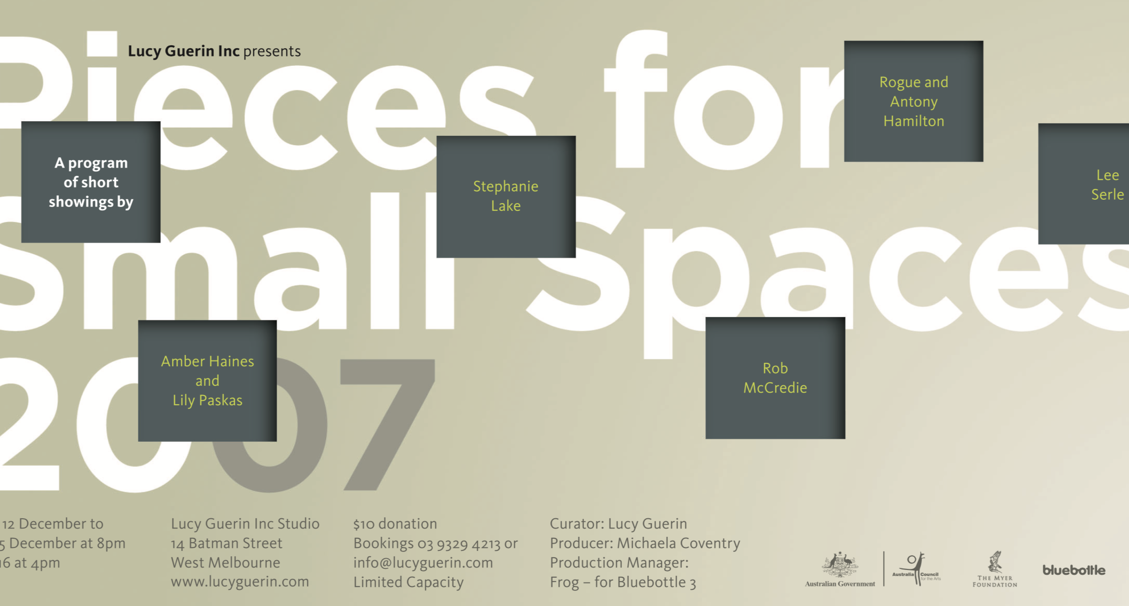 Poster for Pieces for Small Spaces 2007 with text in grey boxes on a beige background
