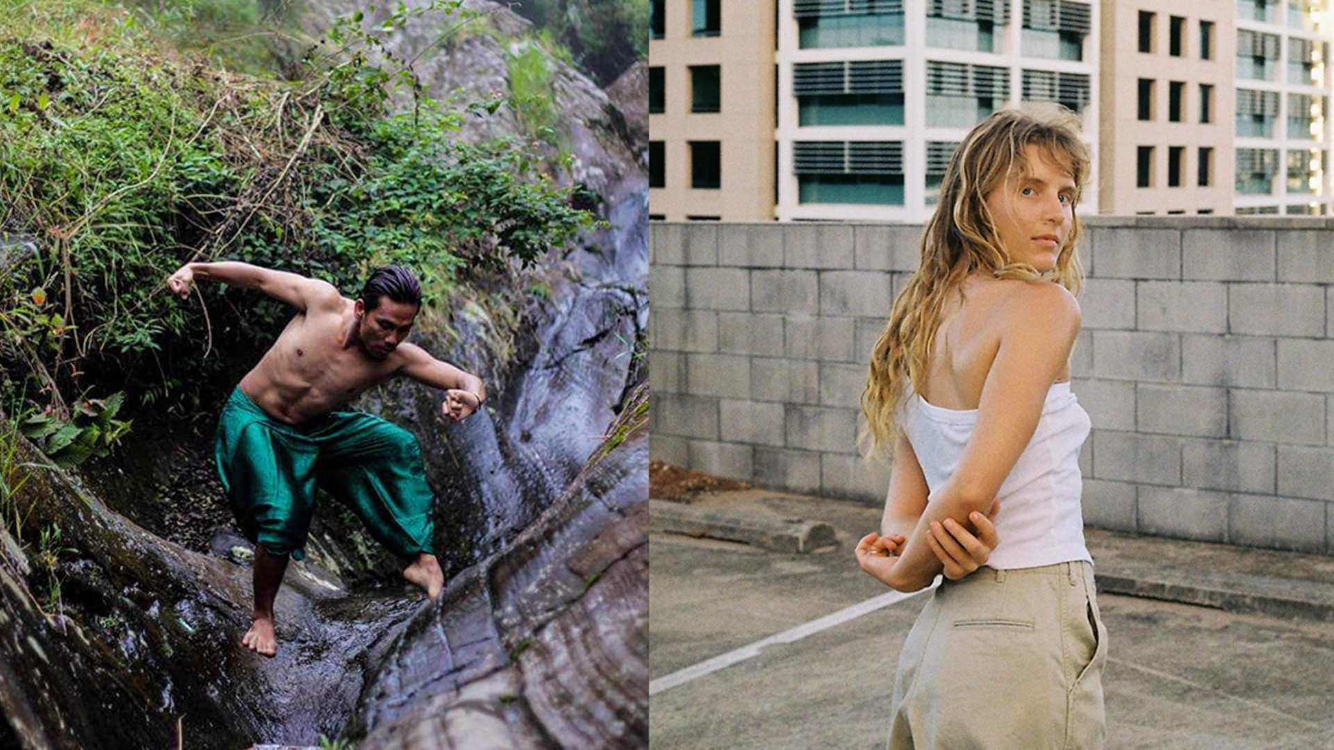 Two images side by side. On the left, Riyo Tulus Pernando is dancing on a large tree trunk, wearing emerald green pants. On the right dancer Georgia Rudd stands on a rooftop carpark, wearing a white sleeveless top and beige pants. She is looking directly at you