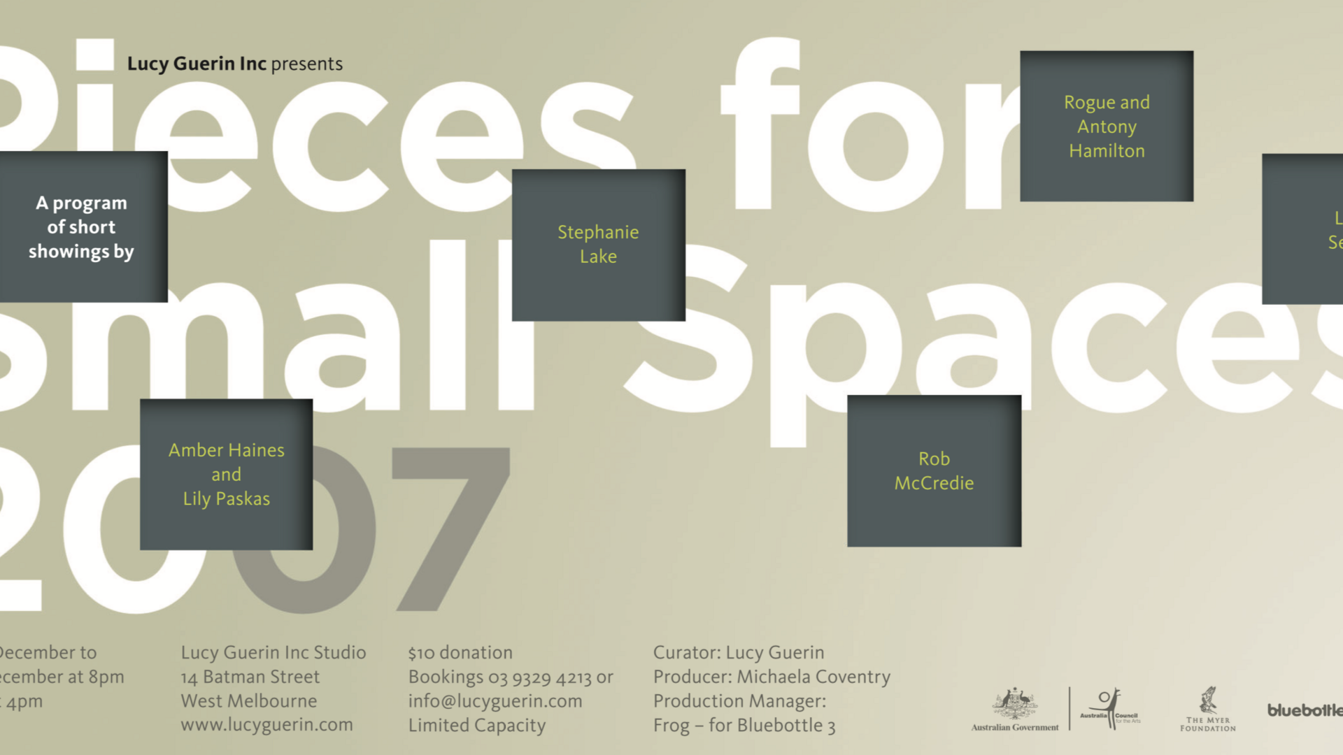 Poster for Pieces for Small Spaces 2007 with text in grey boxes on a beige background